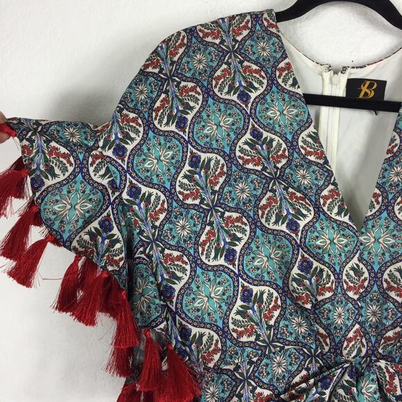 Anthropologie Sachin + Babi Maxi Dress Size 2 Tasseled Red Blue Abstract Satin - Picture 9 of 16